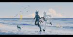  2boys absurdres animal_ears arknights black_hair black_jacket black_pants black_shoes black_suit boat bottle cat chinese_commentary cloud commentary_request day ebenholz_(arknights) flower goat_boy goat_ears goat_horns highres horns jacket kreide_(arknights) letterboxed leyuanzhuifang long_hair long_sleeves male_focus multiple_boys ocean outdoors pants running shoes shore sky suit water watercraft white_jacket white_pants white_suit 