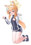  1girl absurdres animal_ear_fluff animal_ears bare_legs black_shorts blue_archive blue_eyes blush cat_ears cat_girl commentary_request flower full_body gym_shorts gym_uniform hair_between_eyes hair_flower hair_ornament hair_ribbon hairband halo hands_up headband highres jacket kneeling long_hair long_sleeves looking_at_viewer low_ponytail mari_(blue_archive) mari_(track)_(blue_archive) multicolored_jacket official_alternate_costume open_mouth orange_hair paw_pose ponytail ribbon shoes short_shorts shorts sidelocks simple_background sneakers solo teeth thighs tisofofo track_jacket two-tone_jacket upper_teeth_only white_background white_flower white_hairband white_headband white_ribbon yellow_halo 