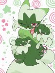 2026 absurd_res ambiguous_anthro ambiguous_gender anthro arm_tuft artist_name belly_tuft biped blush blush_lines cheek_tuft chest_tuft claws digital_drawing_(artwork) digital_media_(artwork) facial_markings facial_tuft felid feline finger_claws flat_colors floragato front_view fur fur_tuft generation_9_pokemon green_body green_fur head_markings hi_res lunnanathalia mammal markings mask_(marking) monotone_body monotone_fur nintendo one_eye_closed pattern_background paw_pose pokemon pokemon_(species) pose red_eyes simple_background slim slim_ambiguous slim_anthro solo text tuft white_background wrist_tuft