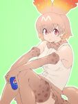 1girl animal_ears bare_shoulders bow bowtie brown_hair cellval commentary_request elbow_gloves extra_ears gloves green_background highres kemono_friends looking_at_viewer lowlandgorilla on_floor pepsi red_eyes shirt short_hair simple_background skirt sleeveless sleeveless_shirt solo tail thighhighs 