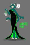 anthro barefoot blue_body blue_fur blush blush_lines breasts bucket clothing container curvy_figure domestic_cat dragon_ball dress exclamation_point eyelashes feet felid feline felis female fur grey_background ham0naa hi_res homestuck humanoid long_dress looking_at_viewer mammal medium_breasts ms_paint_adventures paint paws puar_(dragon_ball) simple_background slim solo speech_bubble star tail text whiskers wide_hips