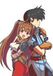  1boy 1girl :d absurdres ahoge armor arms_under_breasts back-to-back belt_pouch black_hair blue_tunic cianter closed_mouth commentary cropped_jacket crossed_arms double-parted_bangs eiyuu_densetsu english_commentary estelle_bright fingerless_gloves gloves hair_between_eyes hair_intakes highres jacket joshua_bright long_hair looking_at_viewer open_clothes open_jacket open_mouth parted_bangs pauldrons pouch red_eyes red_jacket red_skirt short_hair shoulder_armor single_arm_guard single_pauldron skirt smile sora_no_kiseki tunic twintails upper_body v very_long_hair yellow_eyes 