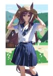  1girl absurdres black_socks blue_bow blue_sailor_collar blue_skirt border bow chinese_commentary closed_mouth commentary_request cowboy_shot grass hand_on_headwear hat highres horse horse_girl horse_tail looking_at_viewer mejiro_dober_(umamusume) pleated_skirt sailor_collar shade shirt skirt socks solo standing straight-on sun_hat tail tuomali umamusume white_border white_shirt 