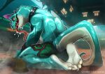 2026 anthro artist_name athletic athletic_anthro athletic_male barefoot basketball_court basketball_shorts basketball_uniform biped bodily_fluids bottomwear clothed clothing collar colored colored_claws digital_drawing_(artwork) digital_media_(artwork) drooling drooling_tongue english_text facial_piercing feet foot_focus goat_(movie) green_body green_bottomwear green_clothing green_shorts hi_res humanoid_feet komodo_dragon lizard long_tongue looking_at_viewer male markings modo_olachenko monitor_lizard mouth_piercing neck_piercing nose_piercing painted_claws piercing pink_spikes plantigrade presenting red_eyes reptile ruler_(artist) saliva saliva_on_tongue saliva_string scalie shaded shorts simple_background skimpy solo sony_corporation sony_pictures sony_pictures_animation spiked_collar spikes spikes_(anatomy) sportswear tail teeth text tongue tongue_out topless topless_anthro topless_male uniform white_soles yellow_sclera