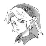  1boy closed_mouth collared_tunic commentary_request cropped_shoulders curtained_hair expressionless feathers greyscale hat_feather kani-pan! light_blush link long_pointy_ears looking_at_viewer looking_to_the_side male_focus middle_part monochrome parted_hair phrygian_cap pointy_ears sidelocks simple_background solo the_legend_of_zelda the_legend_of_zelda:_ocarina_of_time the_legend_of_zelda:_ocarina_of_time_(remake) thick_eyebrows white_background young_link 