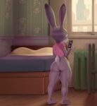 anthro apartment bed bottomless butt chair clothed clothing disney electronics european_rabbit female furniture hi_res holding_object holding_phone judy_hopps lagomorph leporid looking_at_object looking_at_phone mammal muscular muscular_anthro muscular_female muscular_legs muscular_thighs oryctolagus phone pink_clothing pink_shirt pink_topwear rabbit radiator rear_view scut_tail shirt short_tail signature solo tail throat_(artist) topwear window zootopia