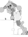  1boy 1girl :3 alloyrabbit animal_ears animal_nose arm_support bare_shoulders barefoot black_sclera blush body_fur bus closed_mouth colored_sclera commentary dress english_commentary flat_chest from_side full_body furry furry_female furry_male giant giantess greyscale happy highres lamppost leaning_forward long_hair looking_at_another looking_down lopunny monochrome motor_vehicle partial_humanization pokemon pokemon_(creature) rabbit_ears rabbit_girl rabbit_tail see-through_silhouette short_dress short_tail sidelocks smile spaghetti_strap standing strapless strapless_dress sundress tail white_background wreckage 