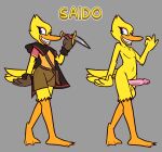 2026 anatid anseriform anthro avian balls bird black_cloak black_clothing blue_eyes bottomwear brown_bottomwear brown_clothing brown_pants chest_tuft cloak clothed clothing dagger duck feathers feet fully_clothed genitals glans grin hi_res holding_dagger holding_melee_weapon holding_object holding_weapon humanoid_genitalia humanoid_penis male melee_weapon membrane_(anatomy) model_sheet nonbinary_(lore) nude orange_clothing orange_shirt orange_topwear pants penis pink_clothing pink_glans pink_penis pink_shirt pink_topwear saido_(ultilix) shirt smile solo standing tail tail_feathers toes topwear tuft ultilix weapon webbed_feet yellow_balls yellow_body yellow_feathers