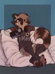 3:4 4_toes anthro artist_name black_body black_clothing black_fur black_lips black_nose blue_background bottomwear brown_body brown_claws brown_eyes brown_fur brown_pawpads cheek_tuft claws clothing colored ear_tuft electronics facial_markings facial_tuft feet femboy fluffy footwear fur grey_body grey_fur hair happy head_markings head_tuft headphones hi_res holding_object kirymaster legwear lips long_tail looking_at_another male mammal markings mask_(marking) open_mouth pawpads paws pillow procyonid raccoon shaded shirt short_hair shorts simple_background sitting slim smile socks soles solo sony_corporation stockings tail teeth text textured_background thick_thighs toe_claws toeless_footwear toeless_socks toes topwear tuft walkman white_clothing