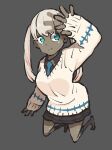  1girl arm_up black_shirt black_skirt black_socks blue_eyes blue_necktie blue_trim character_request closed_mouth collared_shirt colored_skin copyright_request covering_face full_body grey_skin highres hiphighs long_hair multicolored_eyes multicolored_hair necktie ohkubo_atsushi pleated_skirt red_hiphighs shirt skirt smile socks stitched_clothes striped_clothes striped_skirt sweater twintails two-tone_eyes two-tone_hair two-tone_sweater v-neck white_hair yellow_pupils 