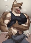2026 5_fingers absurd_res ambiguous_gender anthro big_muscles big_pecs biped black_clothing black_nose black_shirt black_tank_top black_topwear bodily_fluids bottomwear breath brown_body brown_fur brown_pubes bulge canid canine cheek_tuft claws clothed clothing clothing_lift detailed_bulge digital_drawing_(artwork) digital_media_(artwork) disembodied_hand drawstring duo eyebrows facial_tuft fangs finger_claws fingers fur glistening glistening_body glistening_eyes glistening_nose grey_bottomwear grey_clothing grey_pants hi_res huge_pecs inner_ear_fluff inside japanese_description looking_at_viewer male male_anthro male_focus mammal multicolored_body multicolored_fur muscular muscular_anthro muscular_male navel norakemo777 open_mouth pants pecs pointy_ears prick_ears pubes shirt shirt_lift solo_focus standing sweat tan_body tan_eyebrows tan_fur tan_inner_ear_fluff tank_top tank_top_lift teeth tongue tongue_out topwear tuft two_tone_body two_tone_fur yellow_eyes