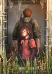  1boy 1girl back-to-back backpack bag broken_glass broken_window brown_hair commentary ellie_(the_last_of_us) english_commentary from_behind glass green_shirt joel_(the_last_of_us) kou-chann looking_at_viewer orange_hair red_shirt shirt the_last_of_us the_last_of_us_(series) weeds 