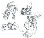 2012 anthro aural_(gauntletspirit) biped chest_tuft clothing curled_tail duo english_text eyes_closed facial_scar fangs gauntletspirit generation_1_pokemon generation_2_pokemon generation_5_pokemon graphite_(artwork) group happy hat headgear headwear larvitar looking_up_at_another maxwell_(bloodfencer) meowth nintendo on_top_of_another open_mouth party_hat pokemon pokemon_(species) scar serperior shikka size_difference smile tail teeth text traditional_media_(artwork) trio tuft whiskers