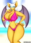  2015 anthro bat big_breasts bikini blush breasts cleavage clothed clothing female huge_breasts mammal rouge_the_bat skimpy smile solo sonic_(series) supersonicrulaa swimsuit wings 