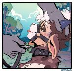 blep bovid brown_body brown_fur caprine collar curved_horn ear_piercing ear_ring eyewear fur glasses goat hair hand_on_head hi_res horn leash male mammal muzzle_(object) piercing ring_piercing solo_focus sparkibarki tongue tongue_out white_body white_fur white_hair