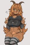 :3 anthro bangs big_breasts big_butt bovid breasts brown_body brown_ears brown_fur butt caprine choker clothing crop_top eyebrow_through_hair eyebrows female fluffy fluffy_tail front_view fur furry_ears gesture glistening glistening_horn goat goat_ears grey_clothing hair hand_gesture happy heart_symbol hi_res hip_dips horn jewelry legwear long_hair long_sleeves mammal marblechii necklace orange_hair orange_pubes pattern_clothing pattern_legwear pubes raised_eyebrows shirt simple_background sitting small_tail small_waist solo stockings striped_clothing striped_legwear stripes tail thick_eyebrows thick_thighs thigh_highs thong tongue tongue_out topwear translucent translucent_hair underwear v_sign white_background wide_hips yellow_eyes