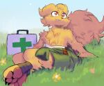 ambiguous_gender anthro arm_tuft bandage bandaged_chest bandaged_leg casualties:_unknown chest_tuft clothing_around_waist digitigrade facial_tuft fangs first_aid_kit flower_field fluffy fluffy_tail fur gunsaw gunsawian hi_res medical_instrument orange_(gunsawian) orange_body orange_fur pawpads pink_pawpads scientific_instrument shirt_around_waist shoulder_tuft sitting smile solo sulphie tail teeth tuft