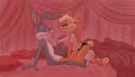 anthro bed bedroom_eyes bugs_bunny clothing eye_contact female furniture hand_on_knee hand_on_lap hand_on_leg hi_res kneeling kneeling_over_partner lagomorph leporid lola_bunny looking_at_another looking_at_partner looney_tunes male male/female mammal narrowed_eyes nude_male on_bed pink_background pink_bed rabbit seductive shirt_tug simple_background sitting sitting_back sitting_on_bed sleepwear smolcilla under_covers warner_brothers