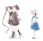  3girls ayanami_(kancolle) ayanami_kai_ni_(kancolle) black_eyes black_ribbon black_sailor_collar black_socks blue_sailor_collar blue_skirt blush brown_cardigan brown_hair brown_sailor_collar brown_skirt cardigan commentary_request from_side glasses gloves hair_ribbon hat hirato_(kancolle) holding_own_skirt kantai_collection kneehighs long_hair long_sleeves multiple_girls neckerchief open_mouth pantyhose pleated_skirt ponytail ribbon sailor_collar school_uniform serafuku shikinami_(kancolle) shoes simple_background skirt socks standing sweat totto_(naka) uwabaki very_long_hair walking white_background white_gloves white_hair white_hat white_pantyhose 