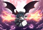  absurdres ascot bat_wings blue_hair clenched_teeth cloud cloudy_sky dress frilled_dress frills full_moon hat highres looking_at_viewer moon red_eyes red_moon remilia_scarlet short_hair sky slit_pupils solo star_(sky) starry_sky teeth touhou uzura_purin wings wrist_cuffs 
