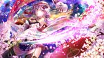  1girl breasts building cherry_blossoms cleavage female iria_(yumeirokingyo) japanese_clothes katana long_hair mask purple_hair sword thighhighs twintails umbrella vocaloid weapon yuzuki_yukari zettai_ryouiki 