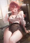  1girl :d absurdres arm_support aru_(blue_archive) black_bra black_skirt blue_archive blush box bra breasts cardboard_box chair cleavage collared_shirt commentary day demon_horns halo hand_up highres horns indoors large_breasts legs long_hair office office_chair office_lady okkimon on_chair open_clothes open_mouth open_shirt plant potted_plant raised_inner_eyebrows red_hair shirt shirt_tucked_in sitting skirt sleeves_rolled_up smile solo sweat swivel_chair underwear untranslatable_commentary white_shirt window window_blinds yellow_eyes 