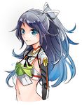  armor asymmetrical_gloves blue_eyes blue_hair from_side gloves gradient_hair hair_ribbon japanese_clothes kantai_collection katsuragi_(kantai_collection) kuyuu_(somari) light_smile long_hair looking_at_viewer messy_hair midriff multicolored_hair navel ponytail remodel_(kantai_collection) ribbon solo upper_body wavy_hair white_ribbon 