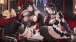  2girls absurdres apron azur_lane bikini black_hair breasts building can cat commentary couch cross english_commentary flower goetz_von_berlichingen_(azur_lane) green_eyes highres holding holding_can horns iron_blood_(emblem) iron_cross large_breasts living_room long_hair lynumuart maid maid_bikini maid_headdress manjuu_(azur_lane) mechanical_horns medium_breasts multiple_girls o-ring o-ring_top official_alternate_costume on_couch piercing pointy_ears red_horns sitting swimsuit ulrich_von_hutten_(azur_lane) ulrich_von_hutten_(mayhem_maid)_(azur_lane) unconventional_maid white_apron white_flower yellow_eyes 