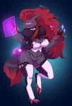 2026 3_toes 4_fingers absurd_res anthro blue_eyes breasts chest_tuft clothing digital_drawing_(artwork) digital_media_(artwork) digitigrade ear_piercing ear_ring ear_stud english_description featureless_crotch feet female fingers fur generation_5_pokemon green_background grey_body grey_fur hair hi_res huge_hips humanoid_hands inner_ear_fluff legwear long_hair navel nintendo open_mouth piercing pink_mouth pink_tongue pokemon pokemon_(species) red_hair red_inner_ear_fluff ring_piercing ryunwoofie simple_background small_waist solo thigh_highs toes tongue tuft white_clothing white_legwear white_thigh_highs wide_hips zoroark