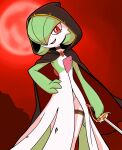  1girl absurdres beautyfromabove black_choker black_cloak bob_cut brooch choker cloak clothed_pokemon colored_skin commentary crack english_commentary fang flat_chest full_moon gardevoir gem green_hair green_skin groin hair_over_one_eye hand_on_own_hip happy highres holding holding_sword holding_weapon hood hood_up hooded_cloak jewelry looking_at_viewer moon multicolored_skin night one_eye_covered open_mouth outdoors pokemon pokemon_(creature) rapier red_background red_eyes red_gem red_moon red_sky short_hair sky slit_pupils smile solo standing sword thigh_strap two-sided_cloak two-sided_fabric two-tone_skin weapon white_skin 