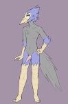 anthro avian beak bird claws feathers feet finger_claws genitals grey_tail grey_torso hi_res humanoid_feet looking_aside male metriccaboose navel non-mammal_navel nude penis pink_penis plantigrade scuted_arms scuted_legs scutes slim smile solo standing tail tail_feathers tapering_penis yellow_arms yellow_beak yellow_legs