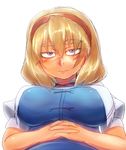  alice_margatroid blonde_hair blue_eyes blush breasts capelet eyebrows hairband hands_clasped highres jitome large_breasts own_hands_together short_hair short_sleeves sketch thick_eyebrows tora_(trampjing) touhou 