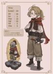  1boy ankle_boots antenna_hair arm_guards arms_at_sides belt black_belt black_boots black_gloves blonde_hair boots border bow bowtie bright_pupils brown_border brown_pants brown_vest cape chibi chibi_inset collared_shirt commentary_request dagger english_text eyelashes fantasy fingerless_gloves full_body gloves grey_background hair_between_eyes hair_tie hand_on_own_hip helmet highres hood hooded_cape inset_border jpeg_artifacts jun_(navigavi) knife knife_sheath long_sleeves looking_at_viewer male_focus medium_hair multiple_views open_clothes open_vest orange_eyes original ornate_border pants ponytail red_cape shadow sheath shirt simple_background standing stats translation_request unbuttoned unbuttoned_vest vest visor_(armor) weapon white_pupils white_shirt yellow_bow yellow_bowtie you_(navigavi) 