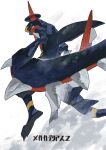  black_sclera claws colored_sclera commentary_request garchomp highres looking_at_viewer looking_back mega_garchomp_z mega_pokemon no_humans ookiitora128706 pokemon pokemon_(creature) pokemon_focus sharp_teeth smoke spikes tail teeth white_background yellow_eyes 