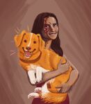 absurd_res ambiguous_feral ambiguous_gender bird_dog blood blood_on_face bodily_fluids brown_collar brown_eyes brown_hair brown_nose canid canine canis collar crossover digital_media_(artwork) digital_painting_(artwork) domestic_dog duo female female_human feral floppy_ears fur good_boy_(2025_leonberg_film) hair hi_res holding_animal holding_feral human humanoid_hands hunting_dog indy_(good_boy) long_hair looking_at_viewer mammal nikki_freeman nova_scotia_duck_tolling_retriever obsession_(film) open_mouth open_smile orange_body orange_fur painting_(artwork) pawpads paws pink_pawpads racecarart retriever shaded smile smiling_at_viewer tail white_body white_fur