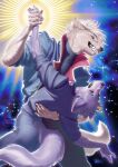 2026 ambiguous_gender anthro artist_logo azuza blue_eyes canid canine canis claws clothed clothing dancing digital_media_(artwork) duo fangs finger_claws fur hair hi_res light light_beam logo mammal notched_ear purple_body purple_fur star sun sunbeam sunlight tail teeth white_body white_fur wolf