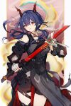 1girl absurdres arknights bare_shoulders black_shirt black_shorts black_sleeves blue_hair brown_horns ch'en_(arknights) ch'en_the_dawnstreak_(arknights) chi_xiao_(arknights) commentary_request cowboy_shot detached_sleeves dragon_girl dragon_horns eastern_dragon_horns fingerless_gloves gloves hair_between_eyes highres holding holding_sword holding_weapon horns long_hair looking_at_viewer red_eyes shirt shorts solo standing sword usagi9254 weapon 
