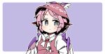  1girl animal_ears bird_ears bird_girl bird_wings blush border brown_dress brown_hat closed_mouth collared_shirt commentary dress earrings grey_eyes hat ini_(inunabe00) jewelry looking_at_viewer mystia_lorelei outline outside_border parted_bangs pinafore_dress pink_hair purple_background shirt short_hair simple_background single_earring sleeve_garter sleeveless sleeveless_dress solo touhou upper_body white_border white_outline white_shirt winged_hat wings 