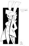 absurd_res anthro bikini bikini_bottom bikini_top black_and_white black_ink bottomless buckteeth clothed clothing dialogue english_text eyebrows female fur hi_res inked inked_drawing jacket jacket_only jelly-limos knife knife_sheath lagomorph leporid looking_at_viewer mammal monochrome navel rabbit sebaku signature simple_background sin_city slim solo swimwear syringe teeth text thick_eyebrows thick_thighs topwear topwear_only traditional_media_(artwork) two-piece_swimsuit weapon white_background
