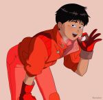  1boy akira_(manga) artist_name black_hair blush commentary fellatio_gesture gloves highres jacket kaneda_shoutarou_(akira) kuruukoo open_mouth pants red_gloves red_jacket red_pants simple_background solo 