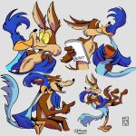 1:1 actor anthro avian beak bird black_nose blue_body brown_body canid canine canis coffee_mug countershade_face countershade_torso countershading coyote cuculiform duo eye_contact eyebrows eyes_closed grey_background hand_on_hip hi_res hug juvmarchiori kiss_on_lips kissing laugh lifting_another looking_at_another looney_tunes male male/male mammal new_world_ground_cuckoo nose_to_nose road_runner_(looney_tunes) roadrunner romantic script simple_background sitting smile tail warner_brothers wile_e._coyote yellow_sclera