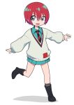  1girl :d amate_yuzuriha aqua_eyes aqua_shirt aqua_skirt boots collared_shirt full_body grey_sweater gundam gundam_gquuuuuux hair_between_eyes leg_up long_sleeves looking_at_viewer miniskirt multicolored_eyes multicolored_hair necktie open_mouth osaragi_mitama outstretched_arms pleated_skirt puffy_long_sleeves puffy_sleeves red_hair red_necktie school_uniform shadow shirt short_hair simple_background skirt smile socks solo spread_arms standing standing_on_one_leg striped_clothes striped_necktie sweater two-tone_hair white_background 