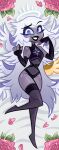 absurd_res angel armwear black_clothing black_leotard black_lipstick breasts bridal_gauntlets clothing digital_drawing_(artwork) digital_media_(artwork) emily_(hazbin_hotel) eyebrows eyelashes eyeliner feathered_wings feathers female flower freckles hair halo hazbin_hotel heart_symbol hellaverse hi_res himejoshimaster humanoid lace leaf legwear leotard lips lipstick long_hair looking_at_viewer makeup not_furry_focus plant prosthetic prosthetic_wing purple_body rose_(flower) seraph_(angel) small_breasts small_waist smile smiling_at_viewer solo thigh_highs translucent translucent_clothing white_hair wide_hips wings