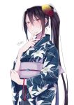  1girl alternate_costume bag black_hair blue_kimono blush brown_eyes closed_mouth commentary_request floral_print flower hair_between_eyes hair_flower hair_ornament japanese_clothes kantai_collection kimono kinchaku long_hair long_sleeves looking_at_viewer nachi_(kancolle) obi ponytail pouch red_flower sash side_ponytail sidelocks signature simple_background solo sweat tassel totto_(naka) very_long_hair white_background wide_sleeves yellow_flower yukata 