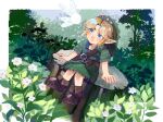  1boy 1girl belt belt_buckle bernie_(hamu-ko) blonde_hair blue_eyes blush boots border brown_belt brown_boots buckle chest_belt closed_mouth collared_tunic commentary curtained_hair dutch_angle english_commentary expressionless eyebrows_hidden_by_hair fairy flower fold-over_boots foliage full_body green_hat green_tunic grey_sky hand_rest hat highres leaf leather_belt link long_pointy_ears looking_at_another male_focus nature navi on_tree_stump outdoors outside_border plant pointy_ears short_hair short_sleeves sidelocks sitting sky the_legend_of_zelda the_legend_of_zelda:_ocarina_of_time the_legend_of_zelda:_ocarina_of_time_(remake) tree tree_stump tunic white_border white_flower young_link 
