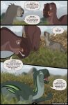 awkward blue_eyes brown_body comic dialogue digital_media_(artwork) dinosaur dripp dryosaurid dryosaurus english_text female feral green_body green_eyes green_markings group hi_res iguanodontian male markings orange_eyes orange_markings ornithischian ornithopod outside prehistoric_species reptile rory_(therbis) scalie sesha_(therbis) speech_bubble spikes tail tan_body tenontosaurus text therbis trio url wide_eyed