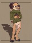 3:4 3_fingers anthro artist_name black_hooves black_horn black_nose bodily_fluids bottomless bovid brown_background brown_body brown_fur caprine clothed clothed/nude clothing ear_piercing eyewear fingers fur glasses goat green_clothing hair hi_res hooves horizontal_pupils horn kirymaster long_ears looking_aside looking_up male mammal nervous nervous_smile nude piercing pupils red_eyes shaded shadow short_hair short_tail simple_background slim solo standing sweat sweatdrop sweater sweater_only tail tan_body tan_fur text topwear topwear_only white_body white_fur