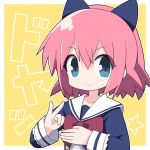  1girl blue_bow blue_dress blue_eyes blue_jacket border bow bowtie closed_mouth commentary_request dress fox_shadow_puppet frills hair_between_eyes hair_bow hand_up hands_up jacket long_sleeves looking_at_viewer notice_lines original osaragi_mitama outline outside_border pink_hair red_bow red_bowtie sailor_collar sailor_dress school_uniform serafuku shirt short_hair simple_background smile solo star_(symbol) text_background two-tone_background upper_body v-shaped_eyebrows white_background white_border white_outline white_sailor_collar yellow_background 
