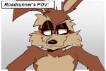 anthro canid canine canis comic coyote first_person_view hi_res looney_tunes male mammal offscreen_character on_top smile solo the_kor3 warner_brothers wile_e._coyote