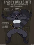 2026 absurd_res ace_(lupopossum) anthro belt bodily_fluids bottomless chest_wraps clothed clothing dialogue digital_media_(artwork) dripping english_text eyes_closed facial_markings female footwear fur genital_fluids genitals grey_body grey_fur head_markings hi_res lupopossum mammal markings mask_(marking) melee_weapon motion_lines omorashi peeing procyonid pubes raccoon scar signature socks solo stealth stirrup_socks sword tail tail_motion text thought_bubble urine utility_belt vulva watersports weapon wraps